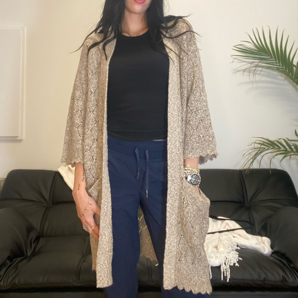 OATMEAL BROWN CROCHET OPEN CARDIGAN